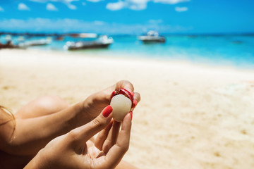 Hands holding lychee. Chinese plum. Exotic fruit isolated on beach background. Healthy nutritious eating.