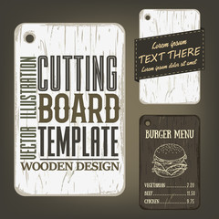 Wood cutting board template with usage examples. Vector illustration with rectangular textured plank used as mockup for label, logo, card, poster, advertising bar or pizzeria menu.