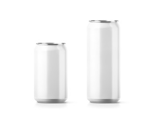 Blank small and big aluminium soda can mockup, 3d rendering. Empty beer tin packing mock ups set, isolated. Canned drink jar packaging design template. Plain fizzy pop bank package branding.