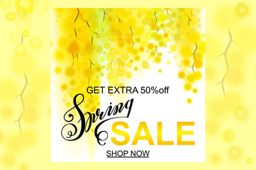 Naklejka premium Spring Sale Banner, Poster, Flyer. 50% Off. Yellow mimosa flowers. Vector illustration