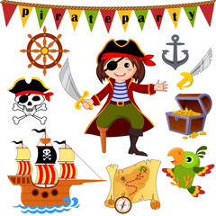 Pirate icon set. Pirate, parrot, ship, saber, helm, treasure chest, anchor, jolly roger