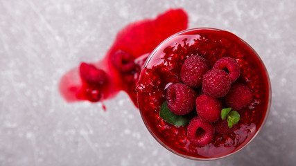 Yogurt with Fresh Raspberries and Chia seeds and mint.Concept Of A Healthy Breakfast.selective focus.