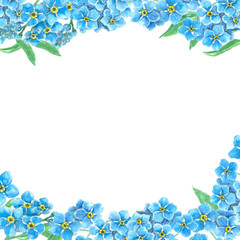 Borders made of forget me not flowers with space for text. Watercolor illustration.