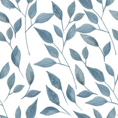 Seamless pattern with blue leaves. watercolor illustration.