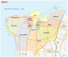 Road, administrative and political map of the Lebanese capital Beirut