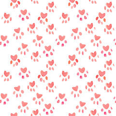 Seamless heart paws traces pattern, watercolor with clipping mask