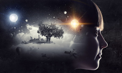 Little girl dreaming . Mixed media