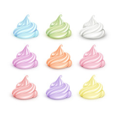 Set of Realistic Colored White Light Blue Pink Yellow Orange Brown Green Lilac Whipped Cream for Dessert Cupcakes Soft Served Ice  Close up Isolated on Background