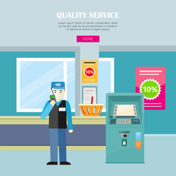 Quality Service in Supermarket Vector Web Banner. 