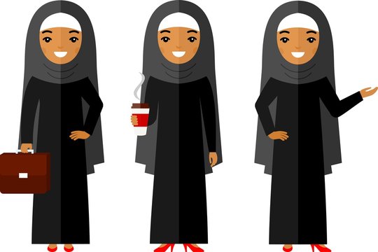 Set of cartoon different arab business woman in flat style.
Сoncept of diversity muslim businesswoman in national costumes.