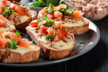Appetizer bruschetta with tuna, mozarella cheese and tomatoes