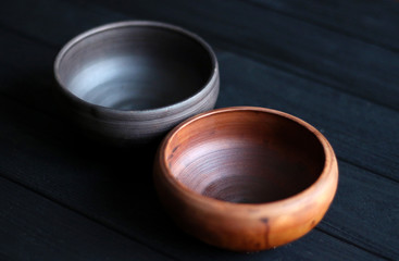 Ceramic bowl on wooden background
