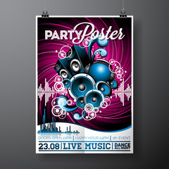 Vector Party Flyer Design with music elements on grunge background.