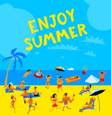 Fototapeta na wymiar Summer beach people set. Tropical background with beach activity
