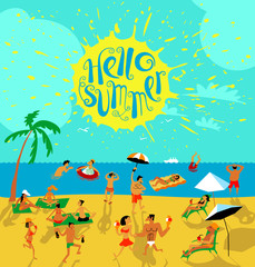 Obraz premium Summer beach people set. Tropical background with beach activity. Hello Summer lettering