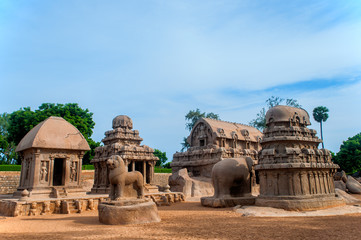 View of Pancha Rathas monument complex at Mahabalipuram, India