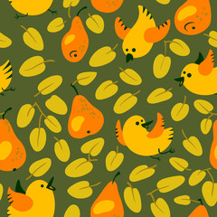 Seamless pattern with fresh orange pears. Harvesting background with cute birds and leaves. vector illustration