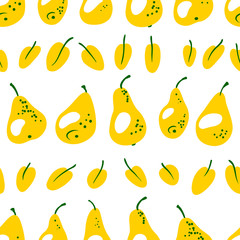 Seamless pattern with fresh yellow pears. Harvesting background with fruits and leaves