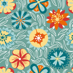 Fototapeta na wymiar Floral seamless pattern. Background with abstract flowers and leaves. Vector illustration
