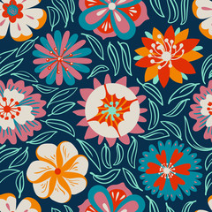 Fototapeta na wymiar Floral seamless pattern. Background with abstract flowers and leaves 
