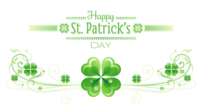 Happy Saint Patrick day border banner, isolated white background. Irish shamrock clover, green leaves frame, text lettering logo, icon. Traditional Northern Ireland celtic day poster