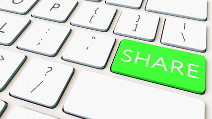 Computer keyboard and green share key. Conceptual 3D rendering