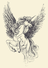 Unicorn vector drawing. Fantastic animal flying, isolated