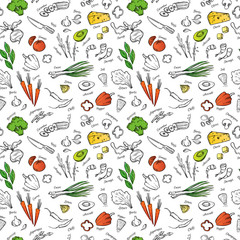 Hand drawn vectorseamless pattern  with vegetables, cheese, seaf