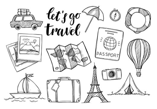 Hand drawn vector illustration. Let's go to travel. Tourism and