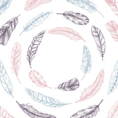 Hand drawn vector illustration. Spring frame with feathers. Perf