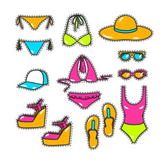 Summer accessories vector illustration. Objects for summer vacation in doodle style