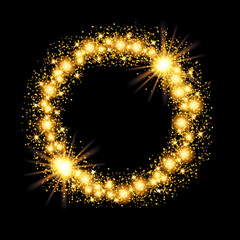 Gold glow glitter circle frame with stars on black background. Vector illustration.