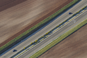 Aerial image of dual carriageway motorway in Salamanca Region, Castilla y Leon, Spain, May 2011
