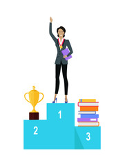 Business Woman on Pedestal of Winners