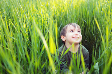 Happy cute little boy sitting in grass