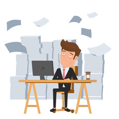 Tired businessman sitting at office desk and pile of paper work. Tired employee and want to help. Deadline concept. Cartoon Vector Illustration.