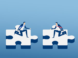 Business people assembling jigsaw puzzle reaching an agreement. Teamwork partnership and cooperate concept. Cartoon Vector Illustration.