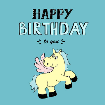 Happy Birthday vector lettering, party illustration with pony 