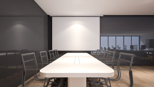 Meeting room with projection screen and conference table, 3D rendering