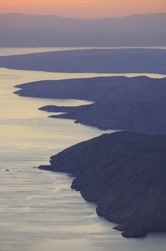 View from North Velebit National Park over island of Krk and Istria at dusk, North Velebit National Park, Velebit Nature Park, Dalmatian coast, Adriatic sea, Croatia, August 2011