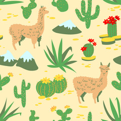 Seamless pattern with alpaca and cactus. Background with llama