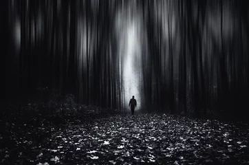 Foto op Canvas Forest fantasy landscape. Man in spooky forest at night, motion blur effect © andreiuc88