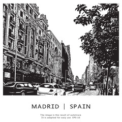 Famous street in Madrid, Spain. Monochrome vector illustration.