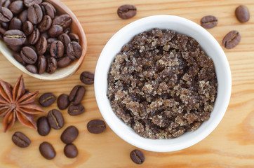 Homemade sugar, olive oil and ground coffee face and body scrub. DIY cosmetics