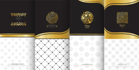 Collection of design elements, labels,icon and frames for packaging and design of luxury products.Made with golden foil Isolated on black background. vector illustration