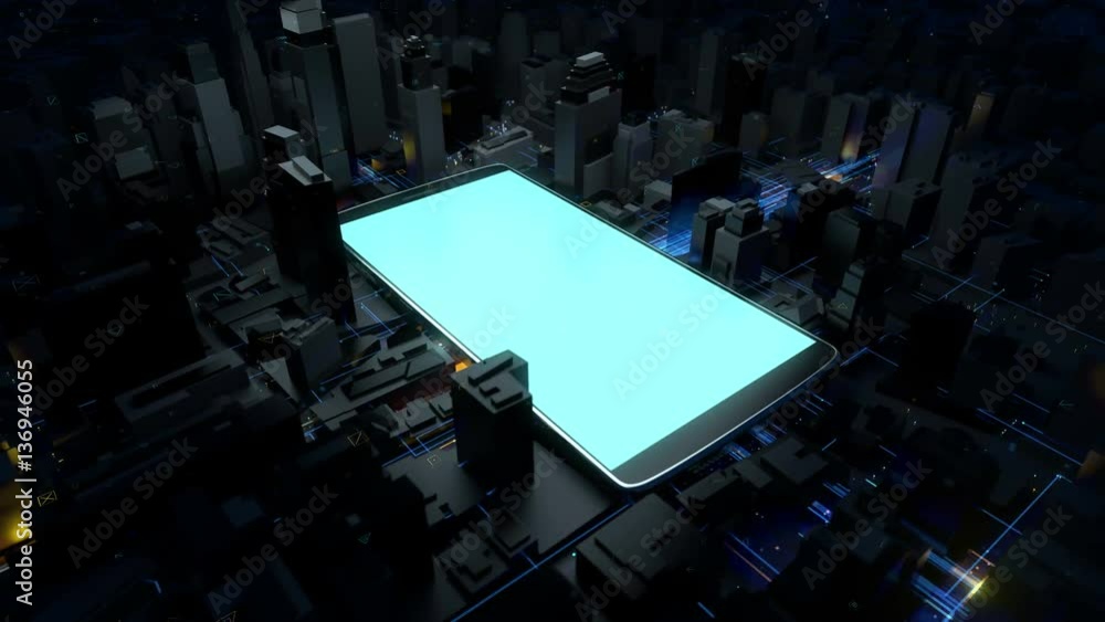 Aufkleber 3d rendered technology background. giant cellphone is in the center of city. mobile phone generating