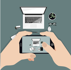 Hands holding phone taking photo of desktop. Instagram blogger. Freelancer. Top view. Flat vector illustration.