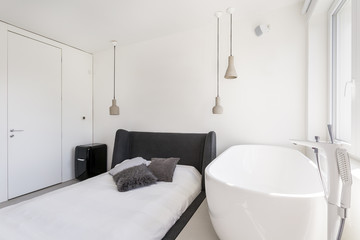 Ascetic bedroom with oval bathtub