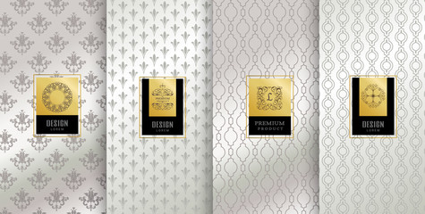 Collection of design elements,labels,icon,frames, for packaging,design of luxury products.Made with golden foil.Isolated on silver background. vector illustration