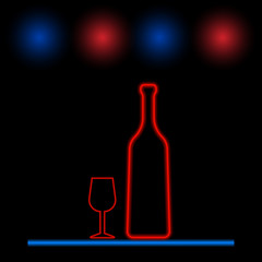 Wine bottle and glass neon light. Vector illustration .